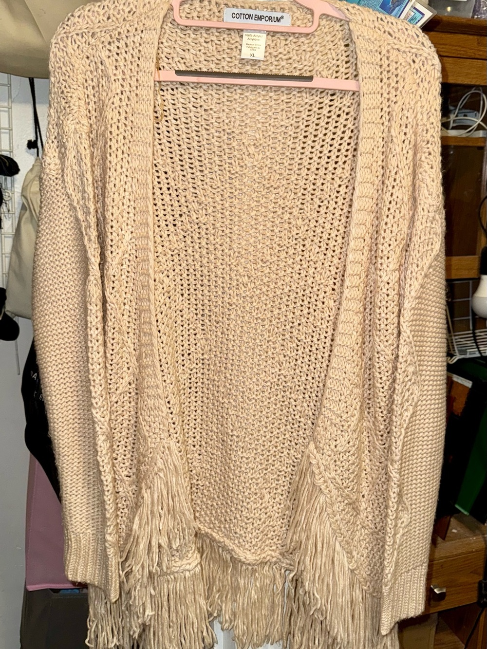 Cotton Emporium Beige Open-Knit Fringe Cardigan